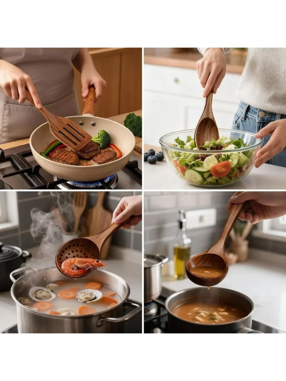 10-Piece Premium Wooden Utensil Set with Holder & Spoon Rest - Cooking Tools